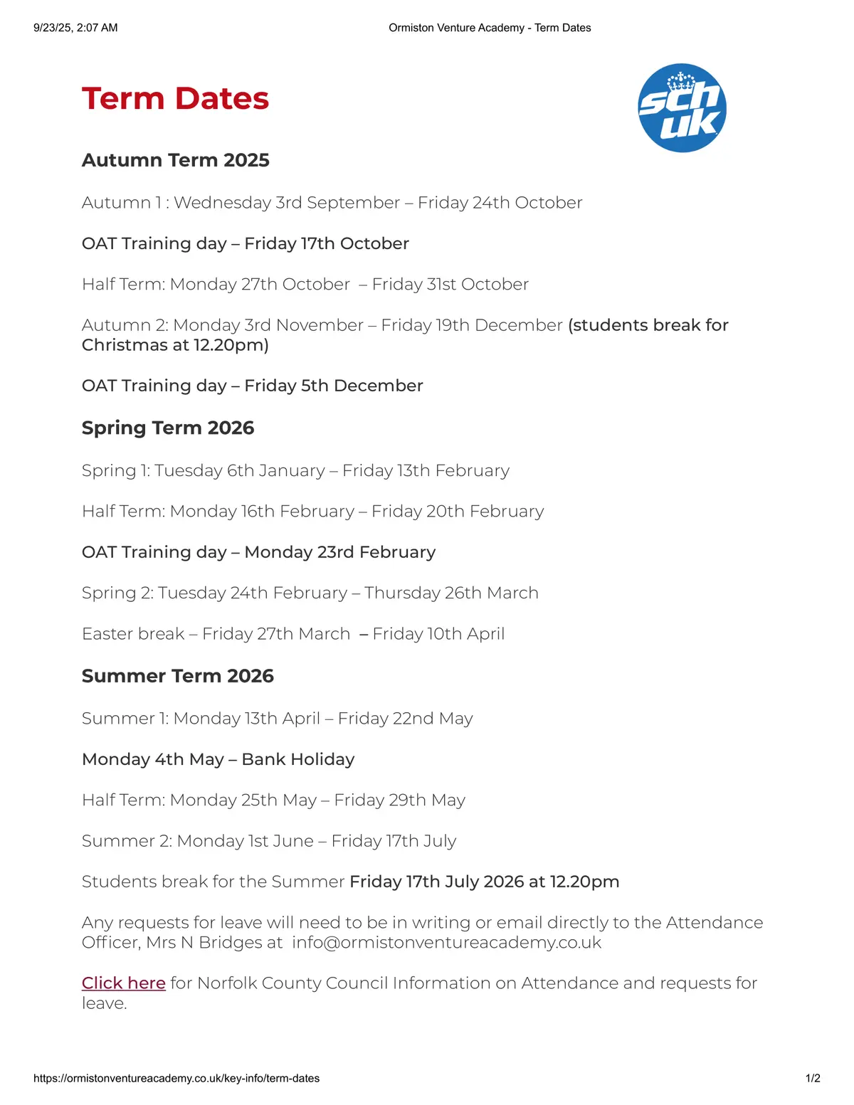 Ormiston Venture Academy term dates