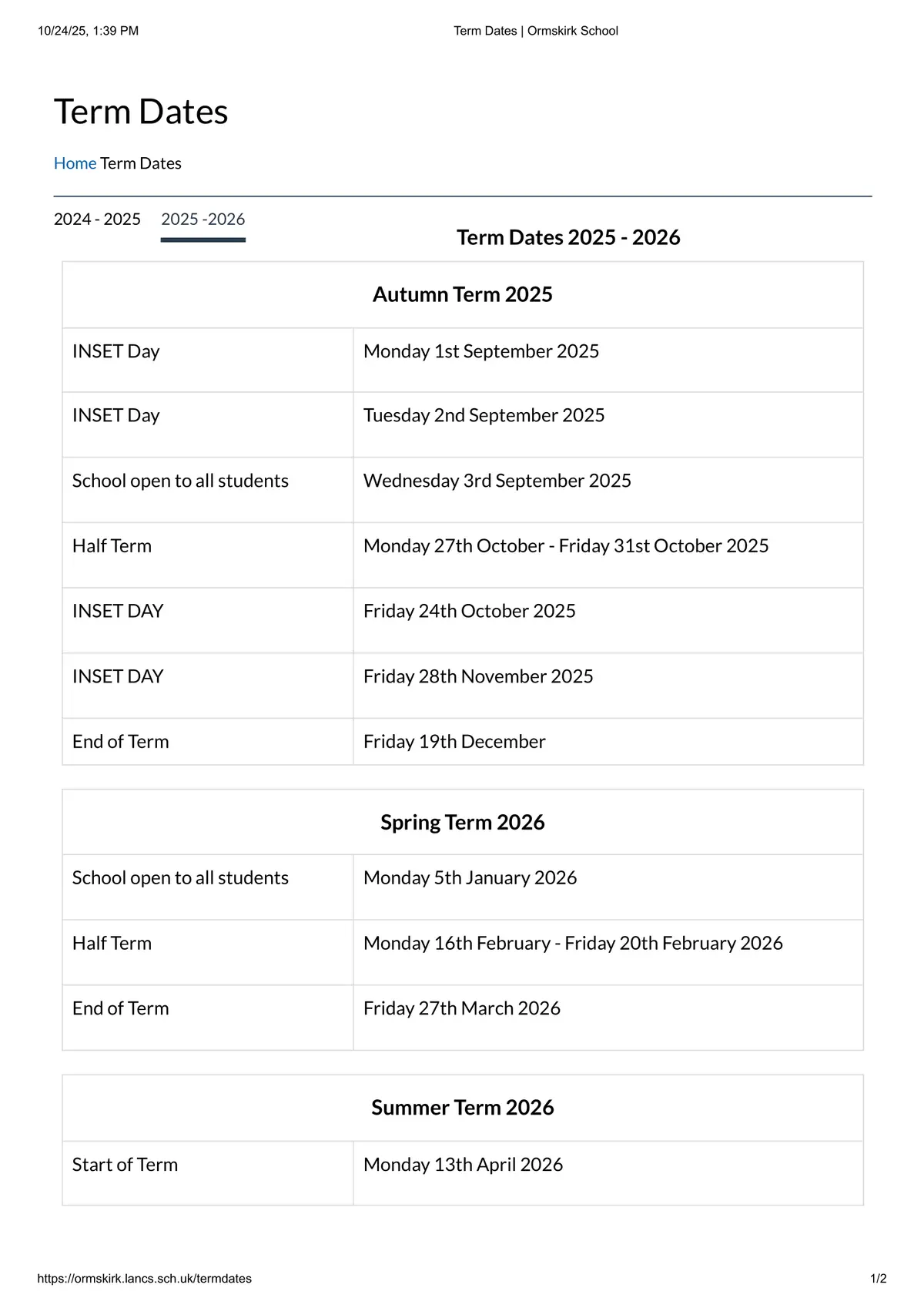 Ormskirk School term dates