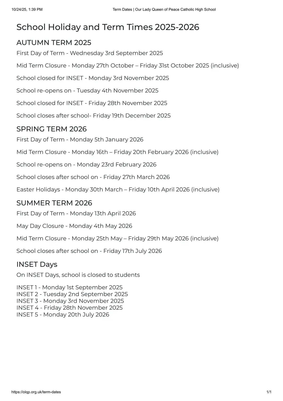 Our Lady Queen of Peace Catholic High School term dates