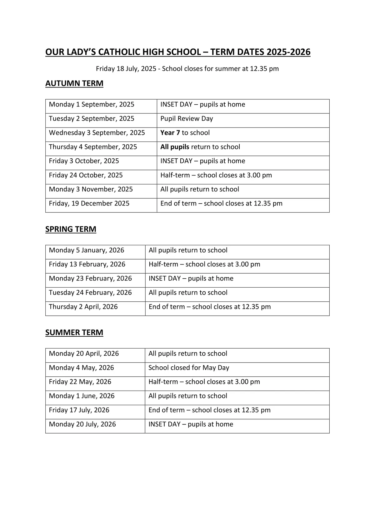 Our Lady's Catholic High School term dates