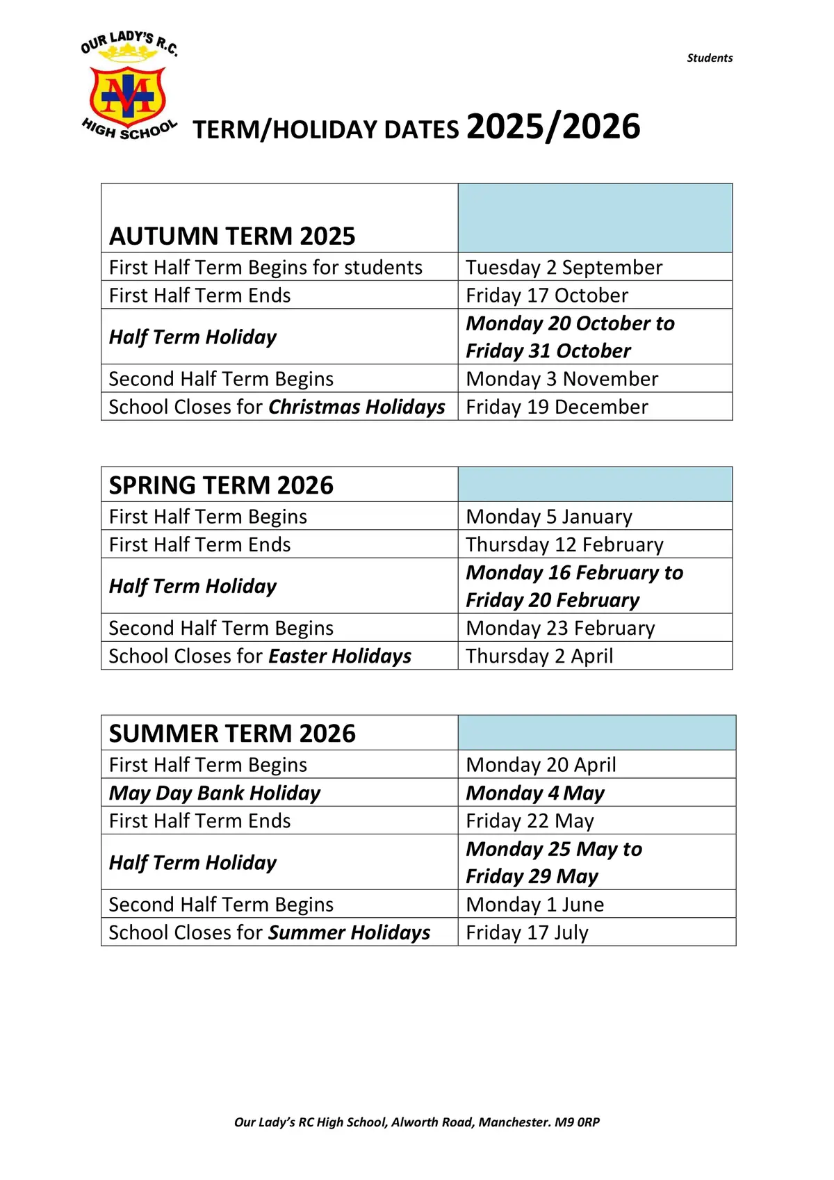 Our Lady's RC High School term dates