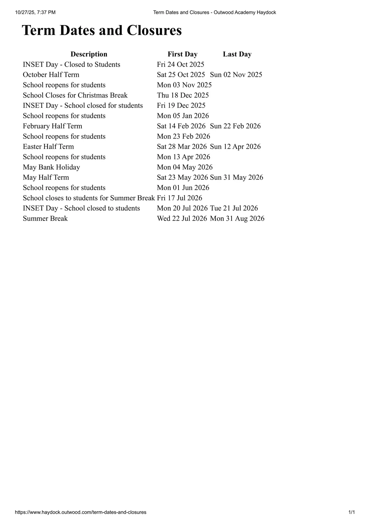Outwood Academy Haydock term dates