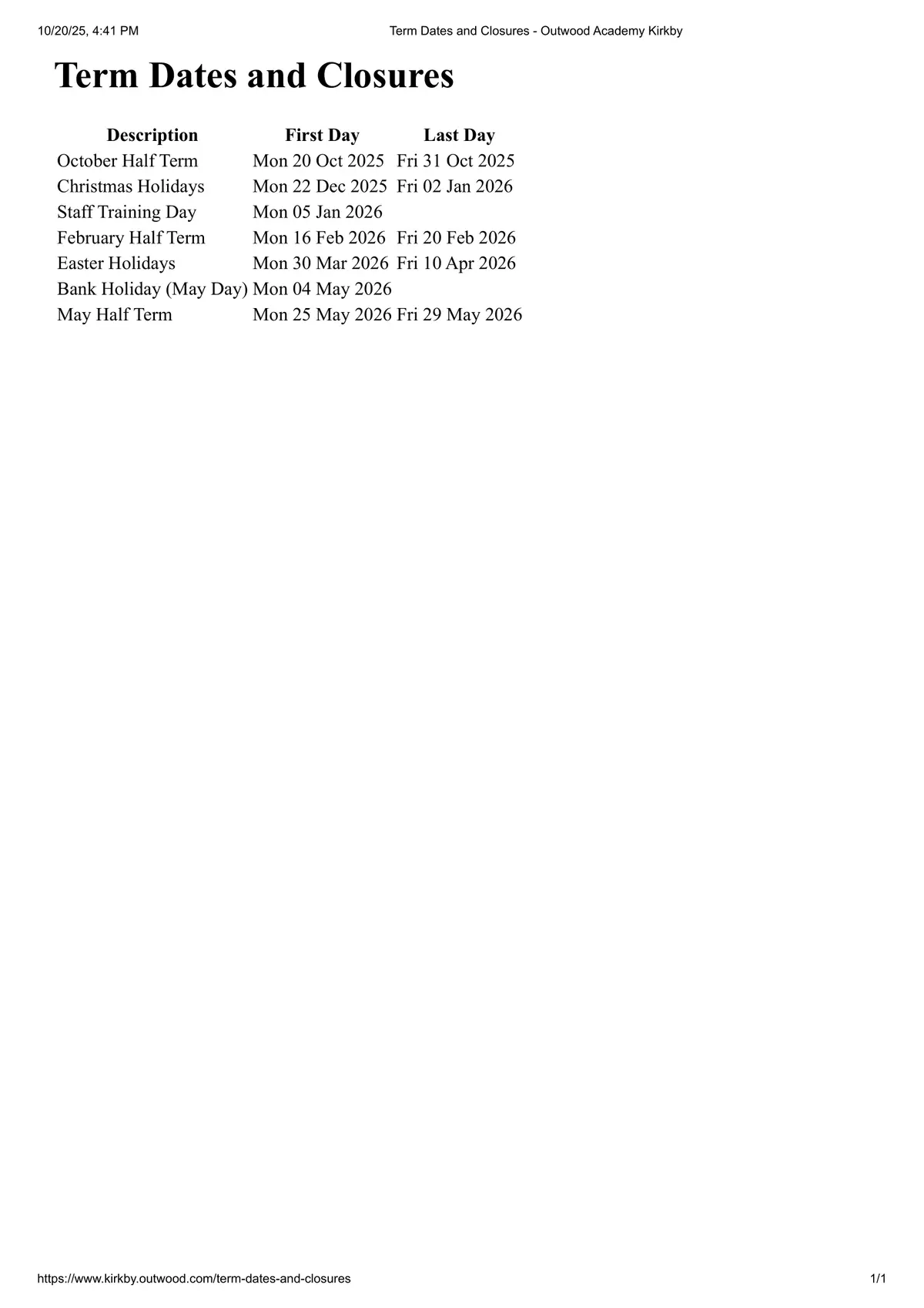 Outwood Academy Kirkby term dates
