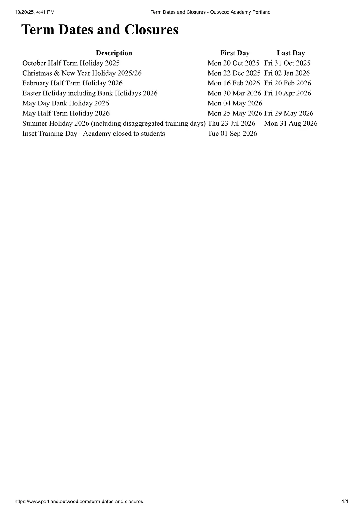 Outwood Academy Portland term dates