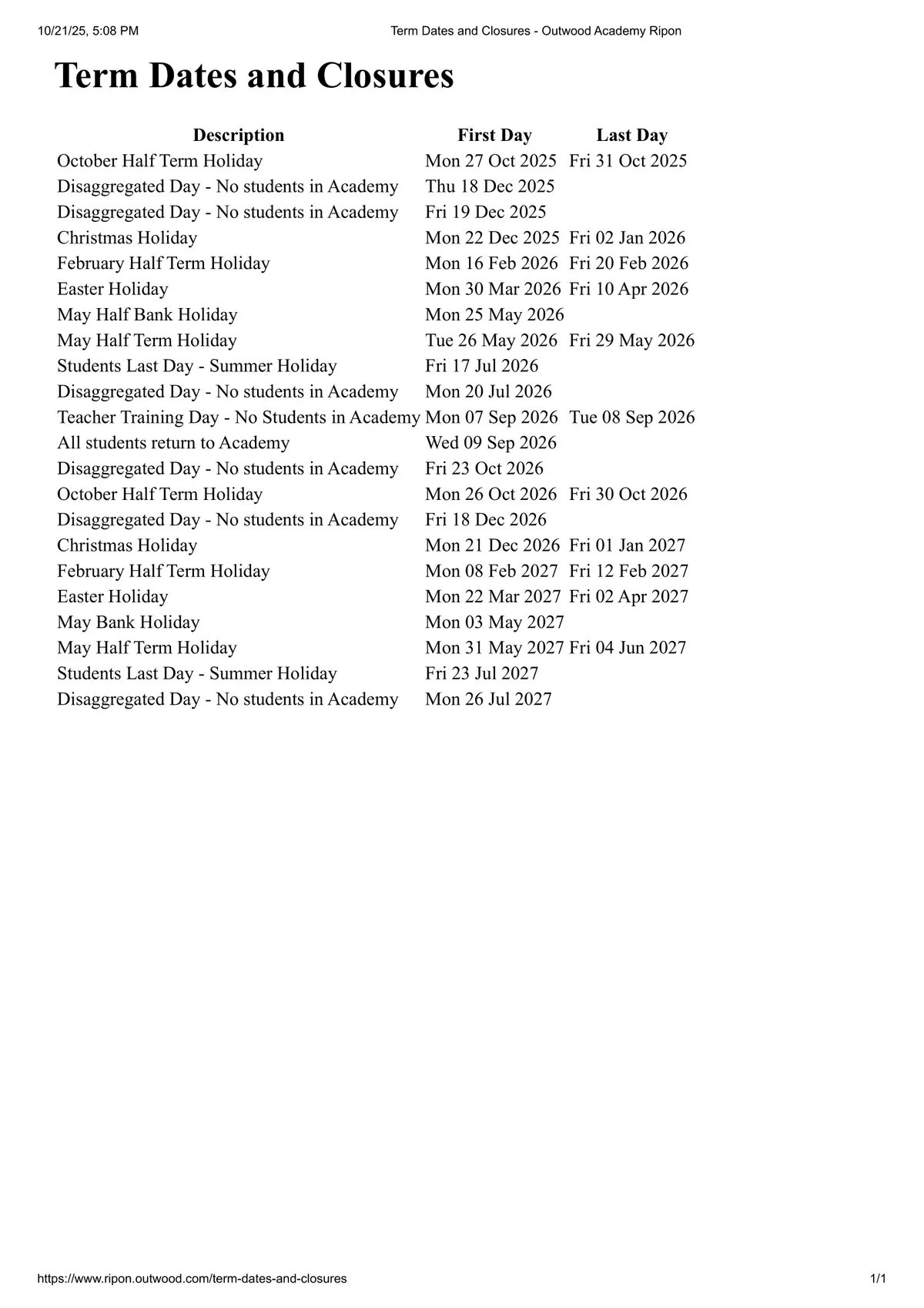 Outwood Academy Ripon term dates