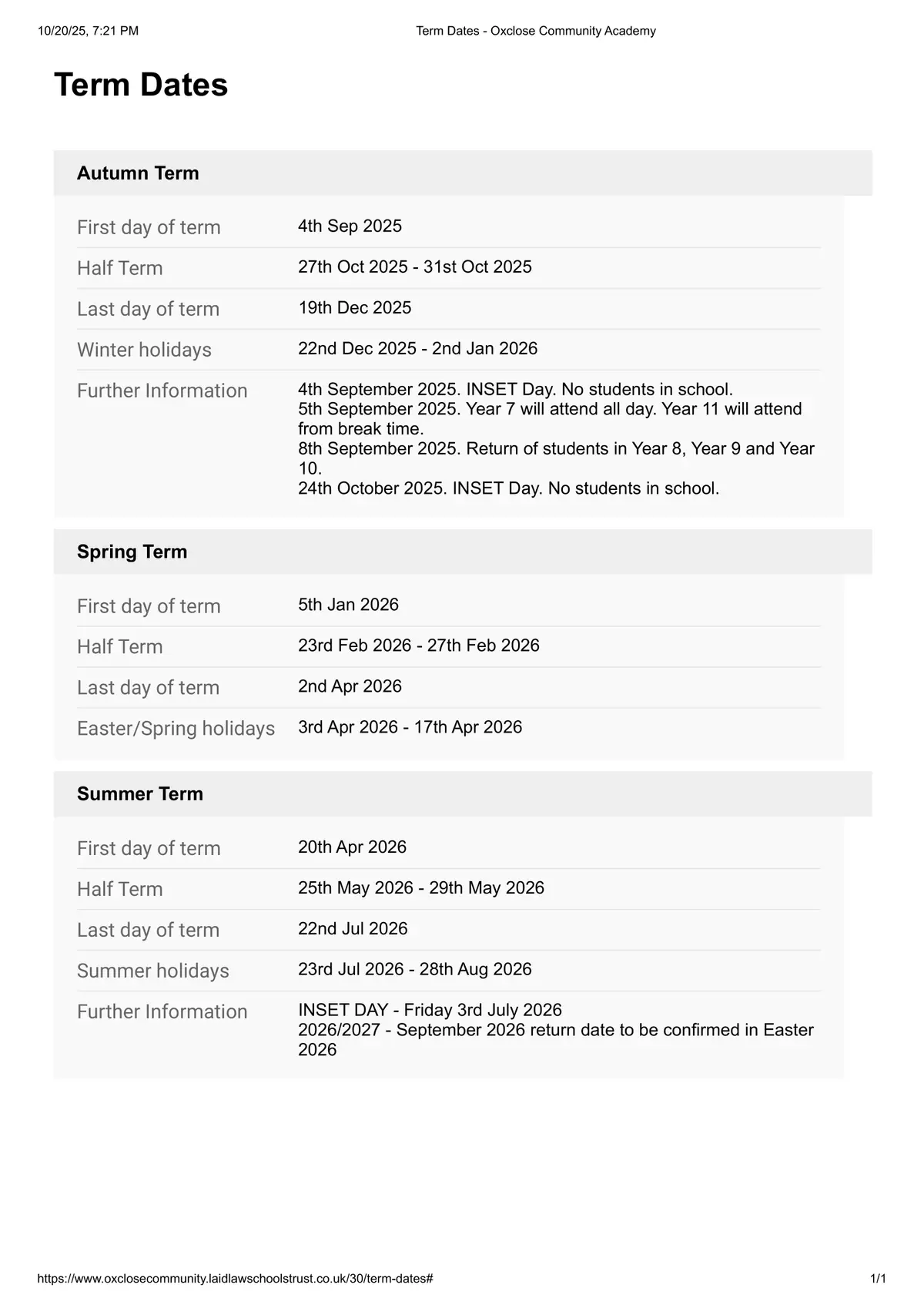 Oxclose Community Academy term dates