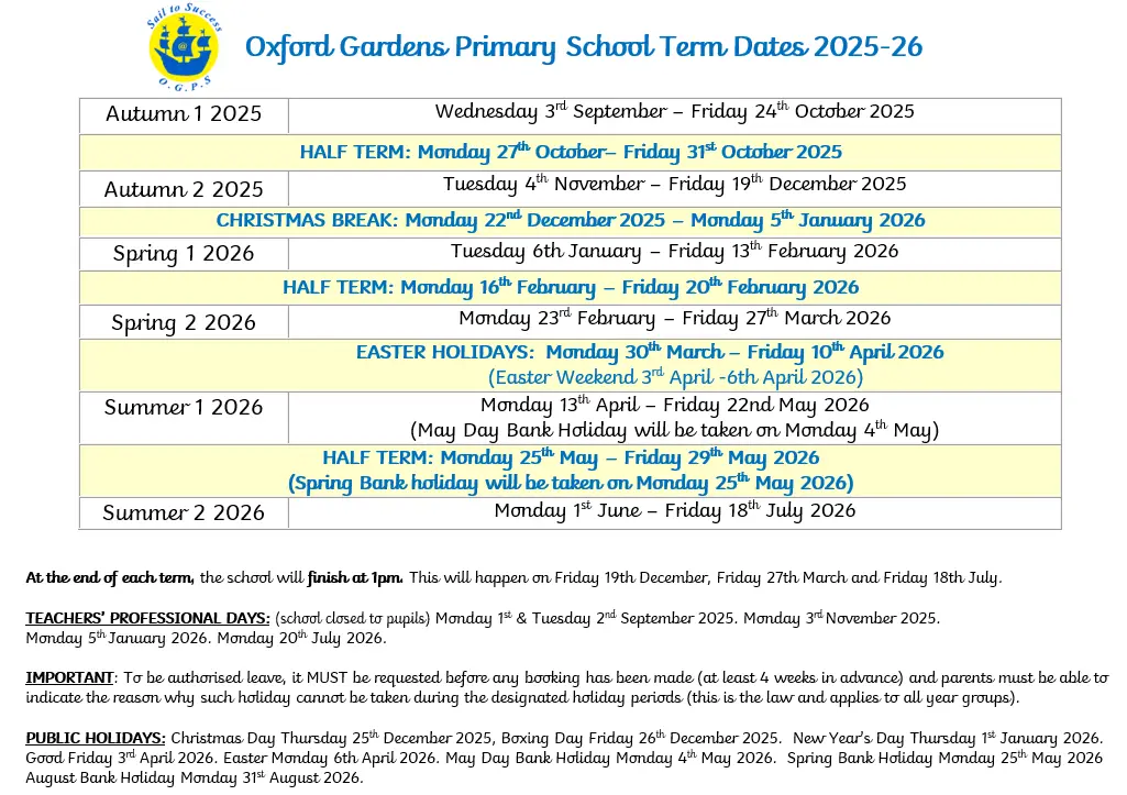 Oxford Gardens Primary School term dates