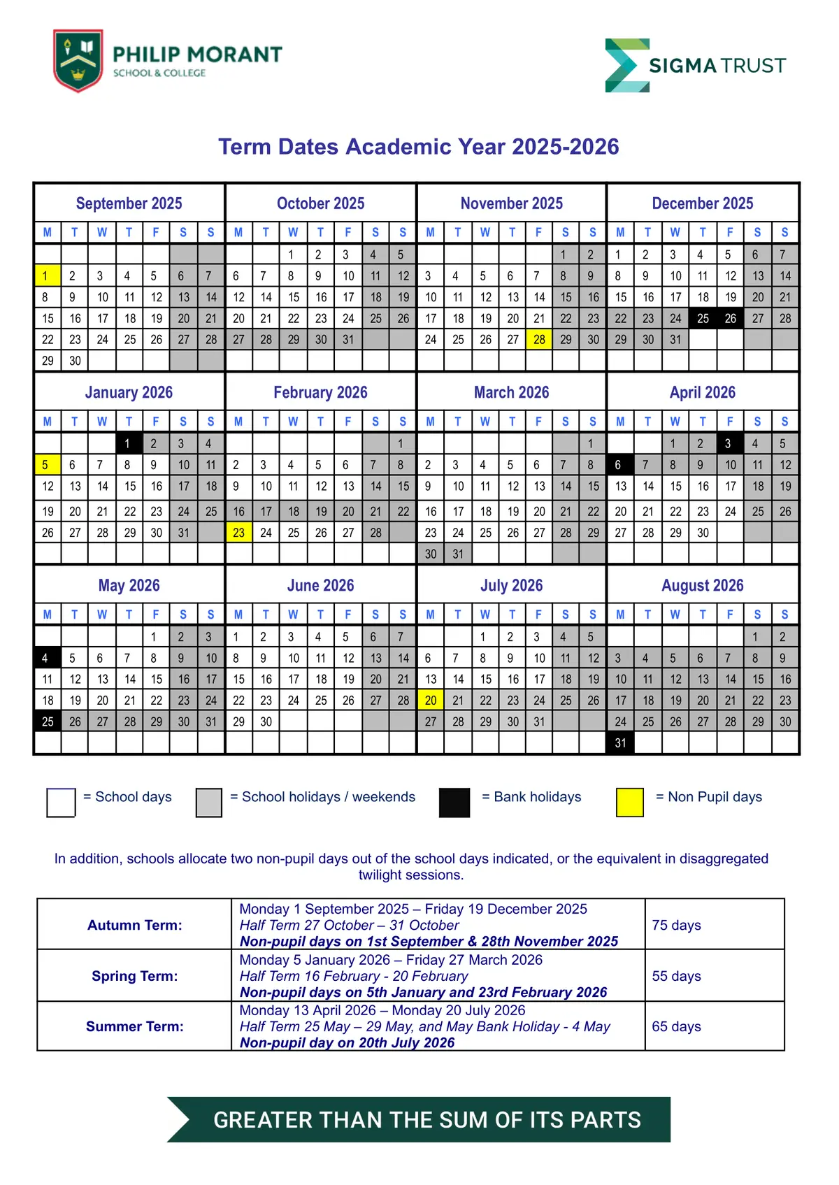 Philip Morant School and College term dates