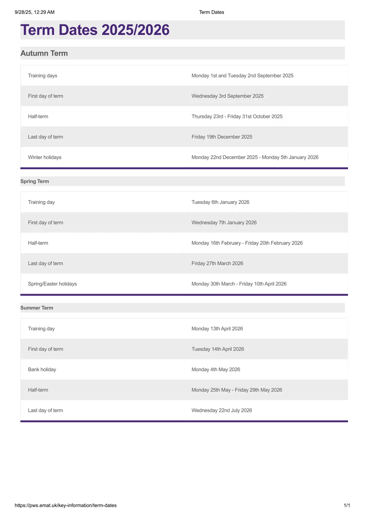 Prince William School term dates