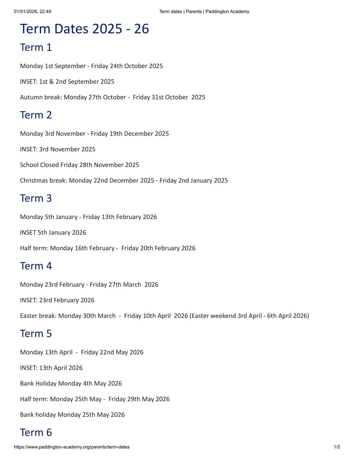 Paddington Academy term dates