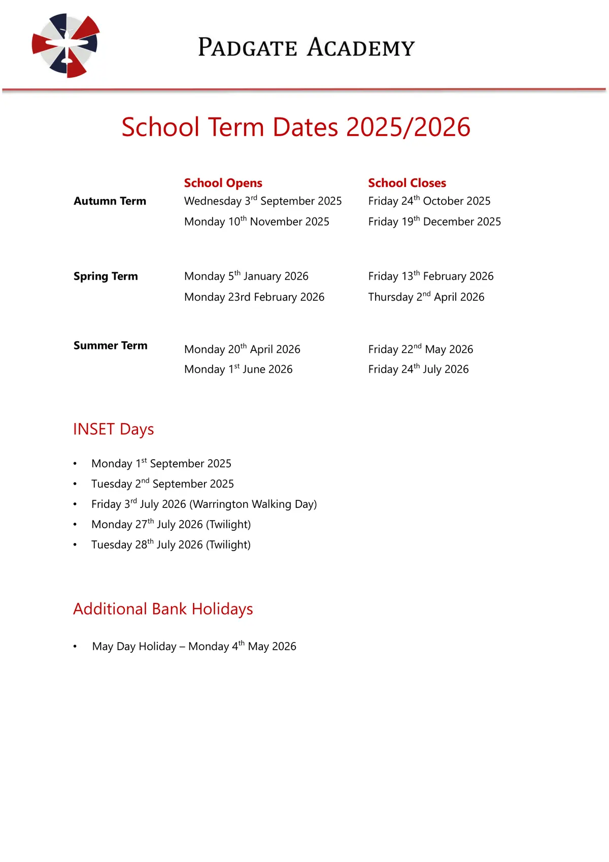 Padgate Academy term dates