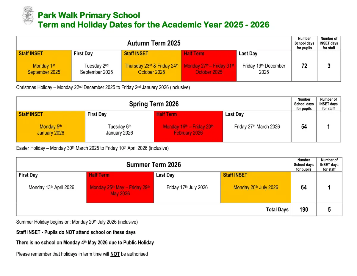 Park Walk Primary School term dates