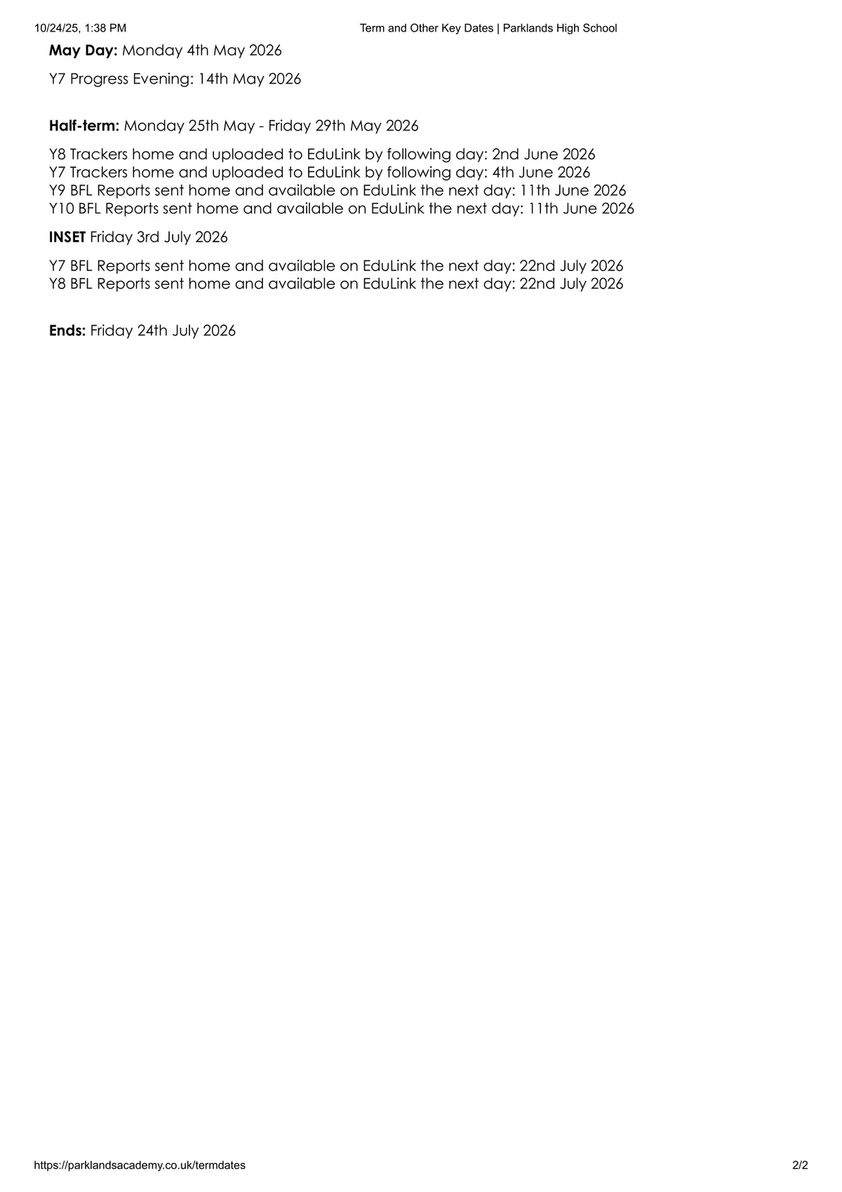 Parklands High School term dates