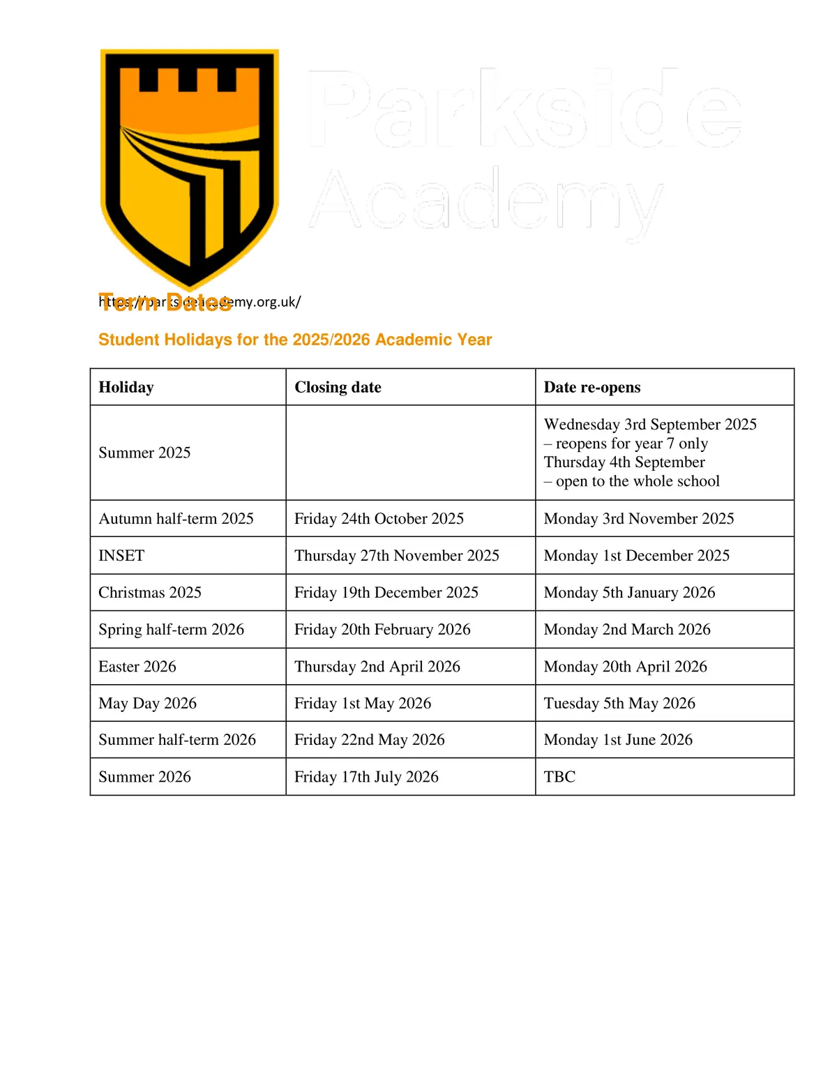 Parkside Academy term dates