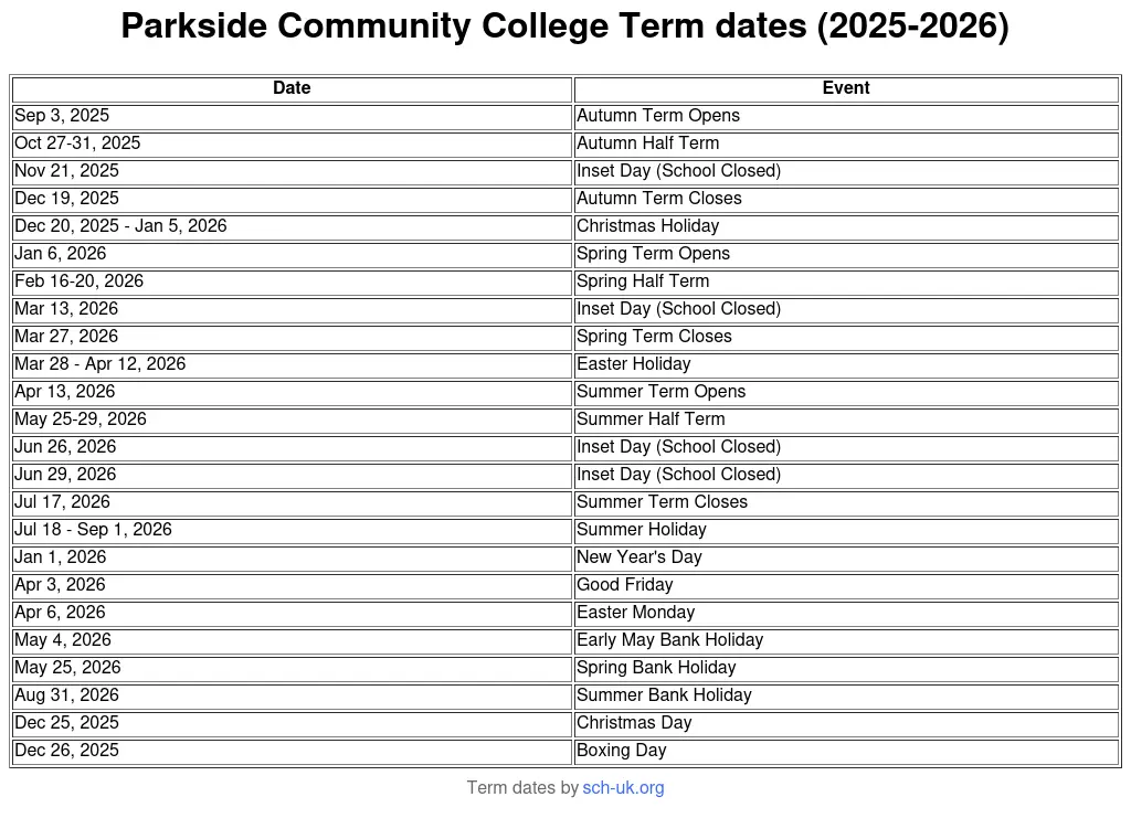 Parkside Community College term dates