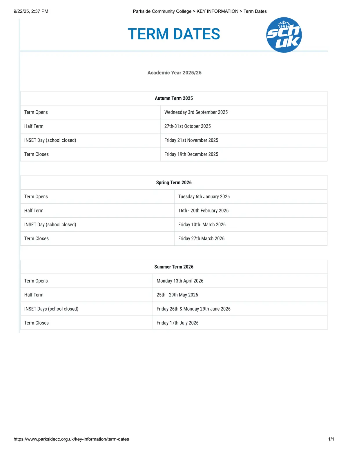 Parkside Community College term dates