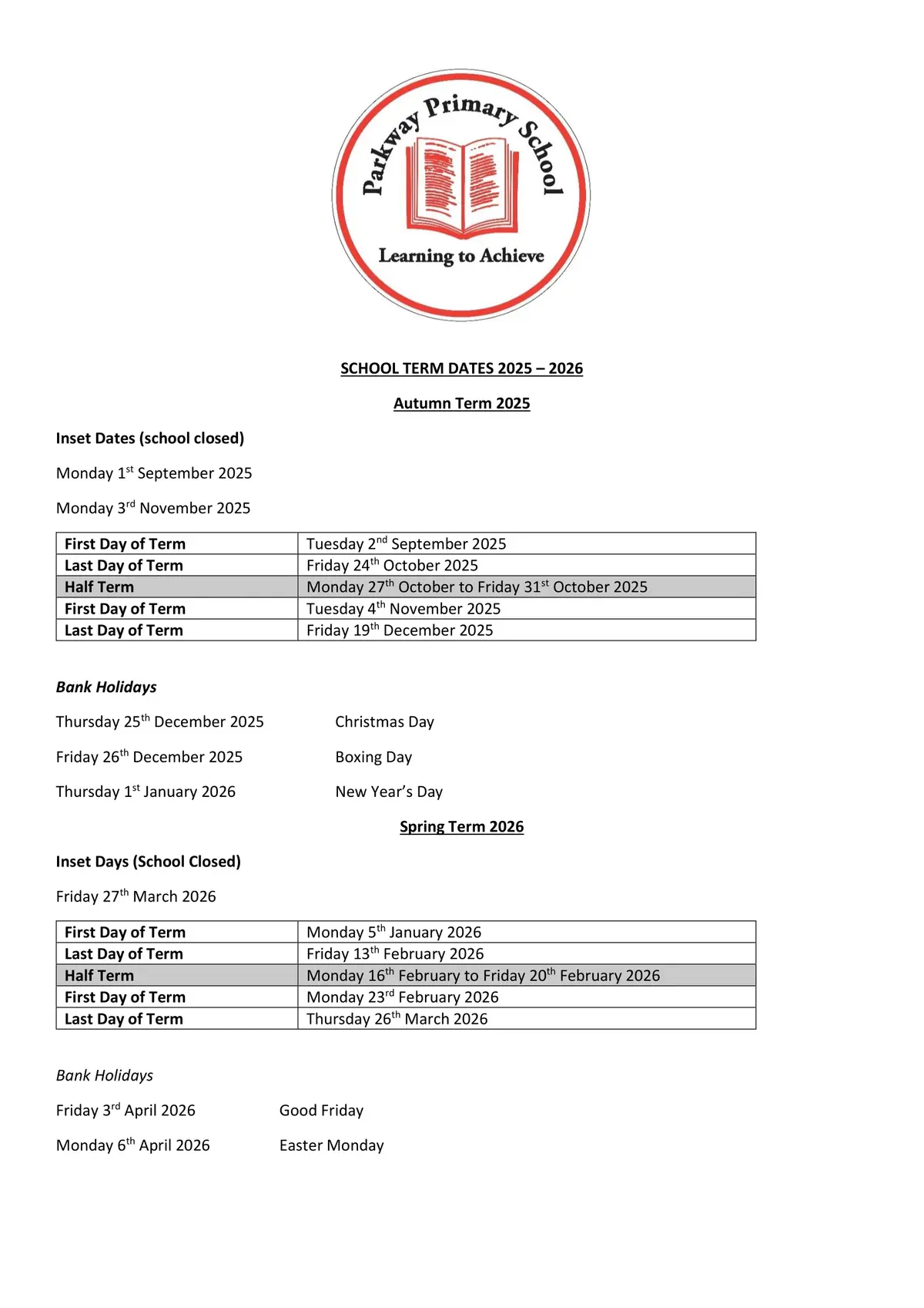 Parkway Primary School term dates