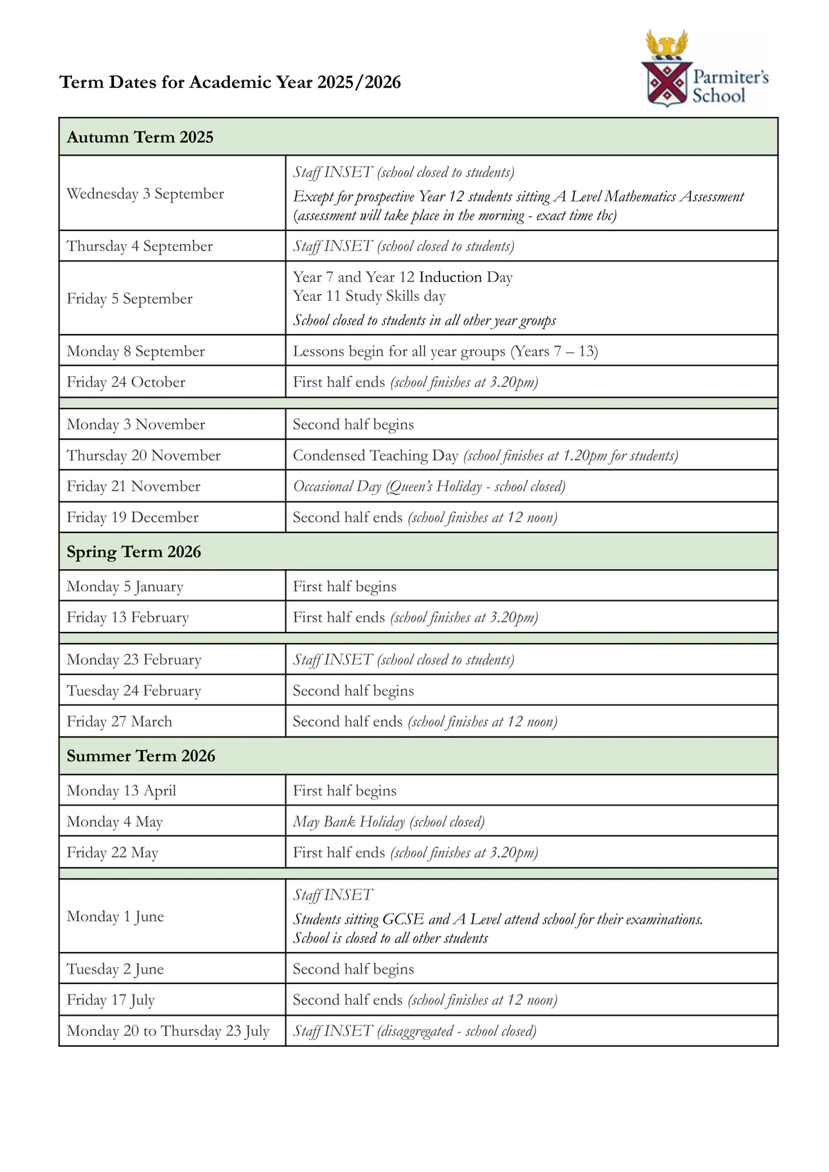 Parmiter's School term dates