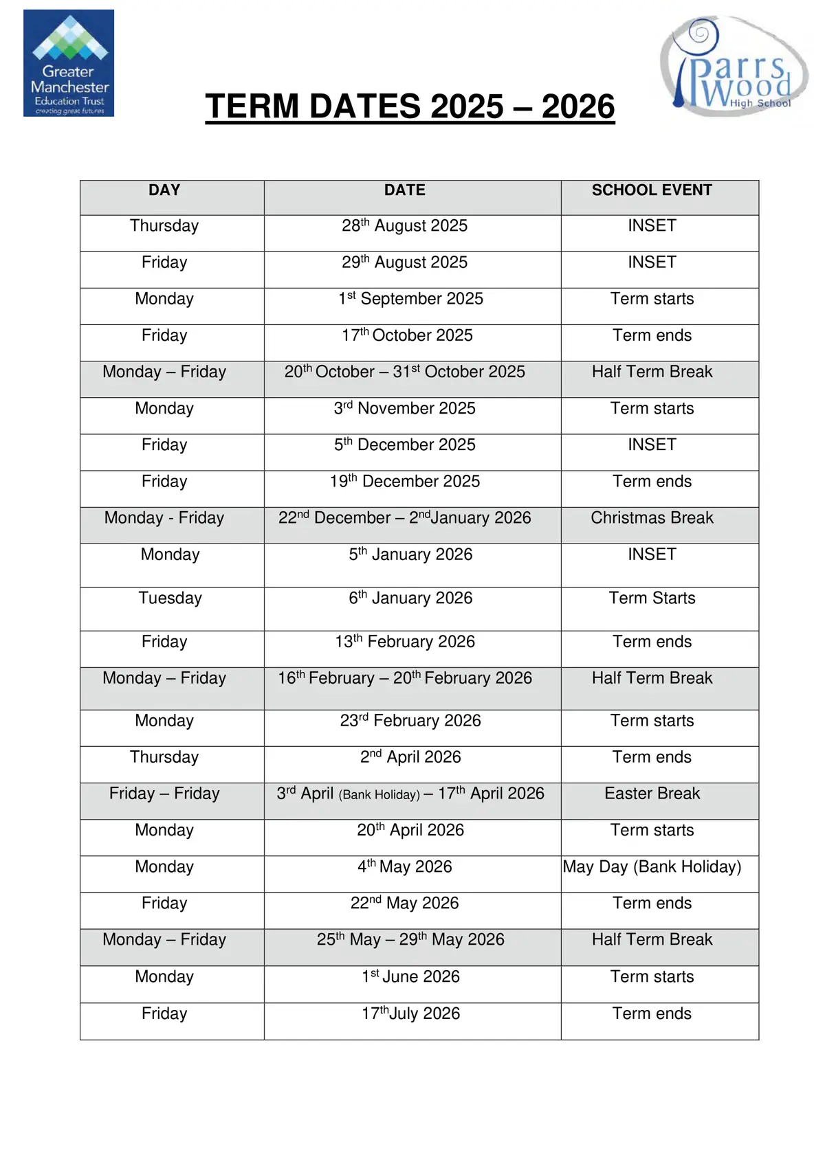 Parrs Wood High School term dates