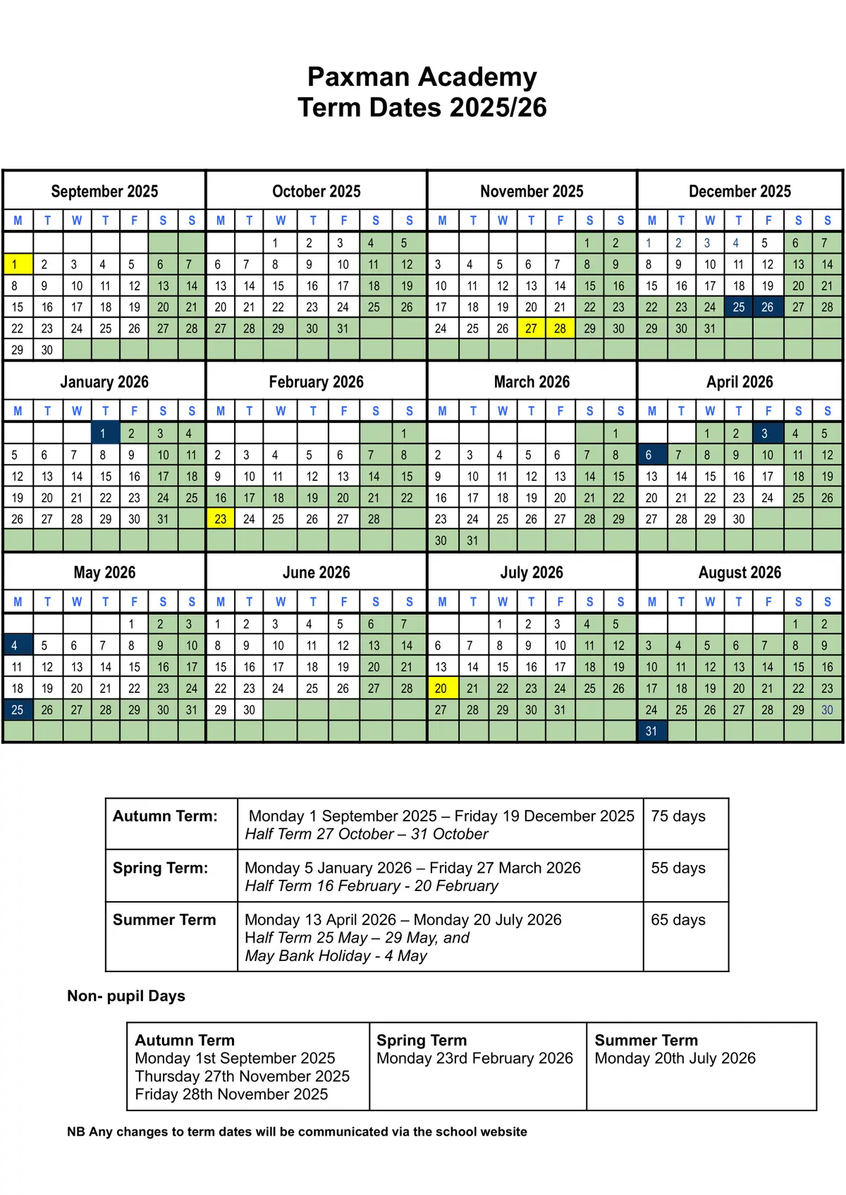 Paxman Academy term dates