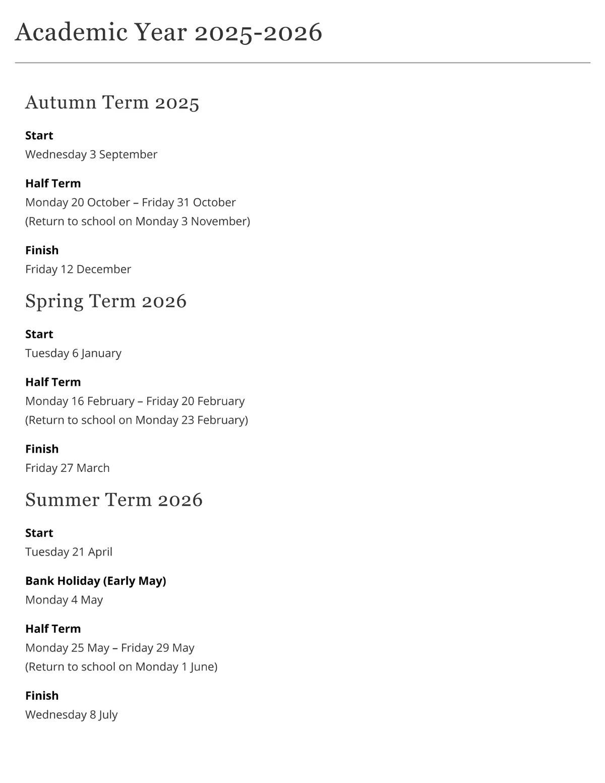 Pembridge Hall School term dates