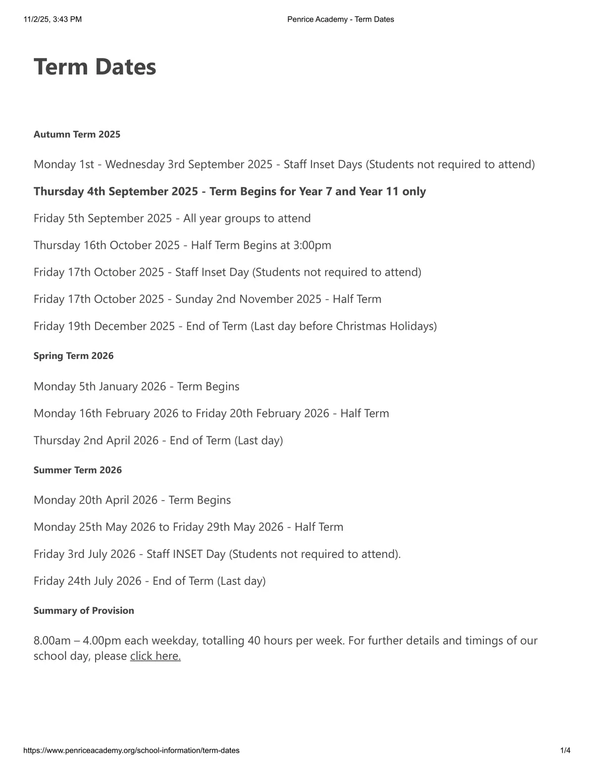 Penrice Academy term dates