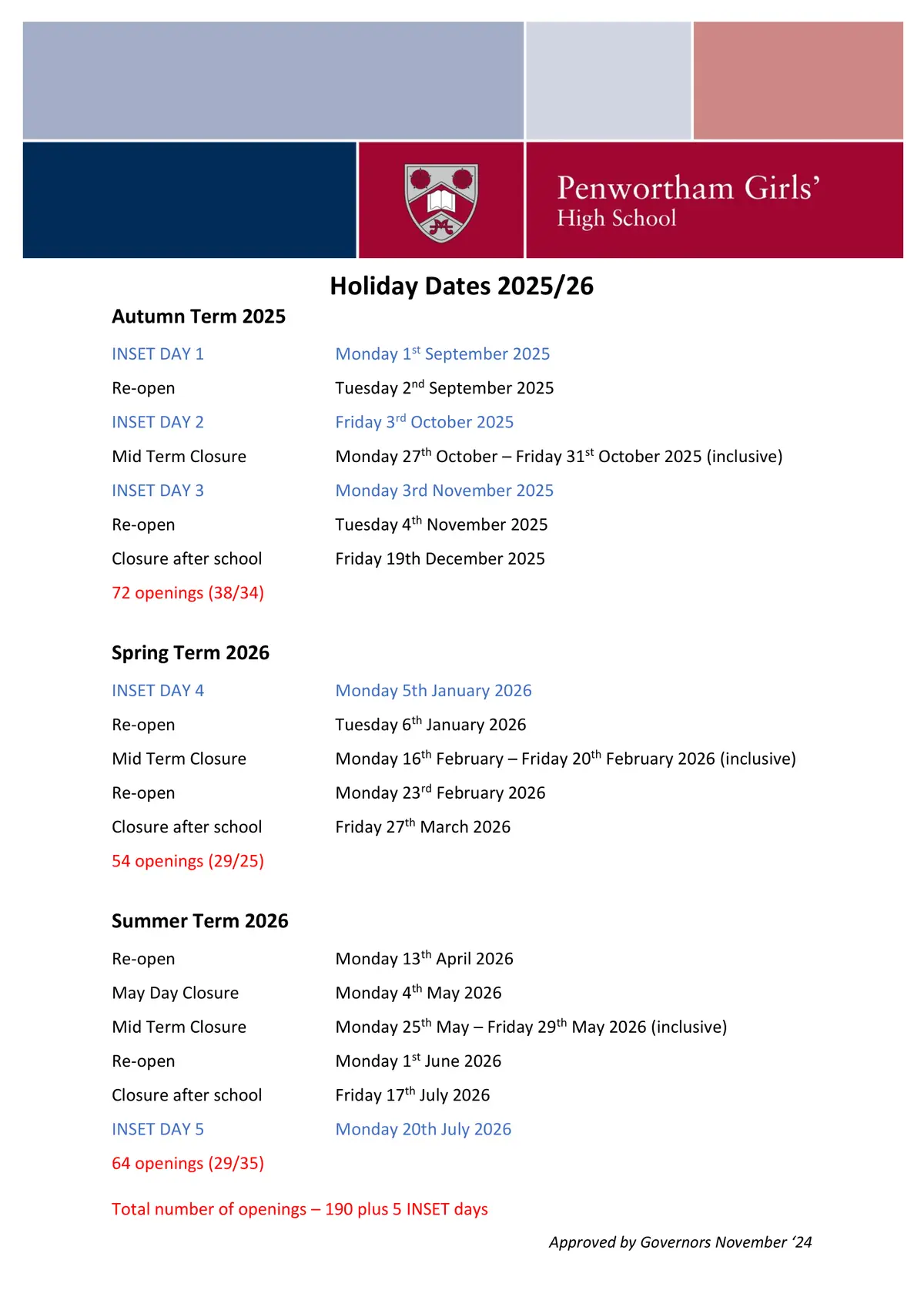 Penwortham Girls' High School term dates