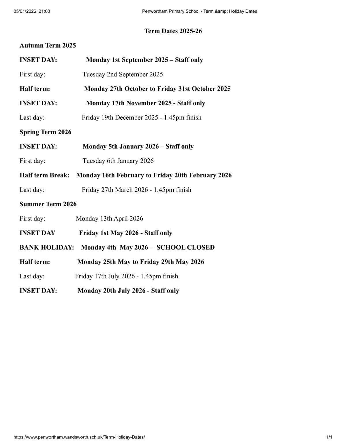 Penwortham Primary School term dates