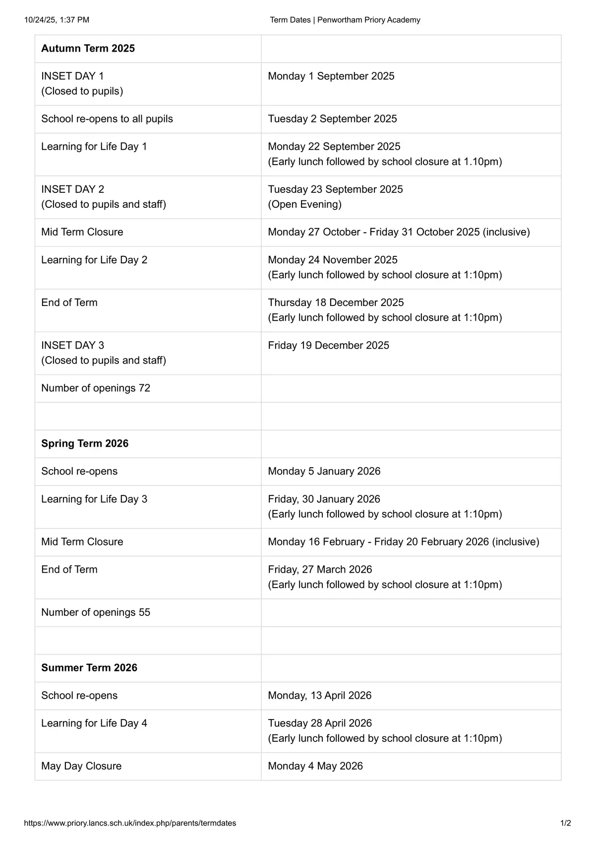 Penwortham Priory Academy term dates