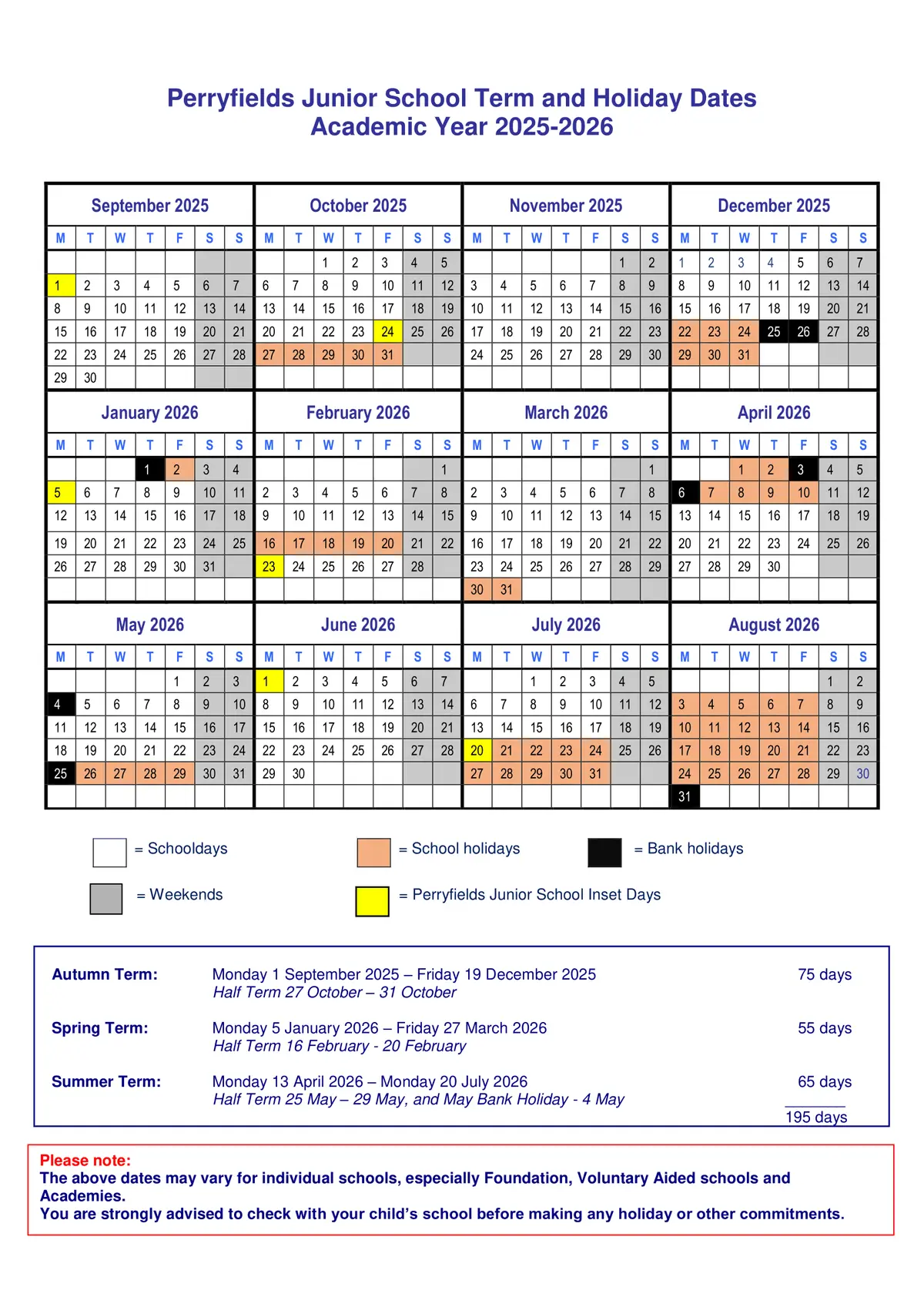 Perryfields Junior School term dates