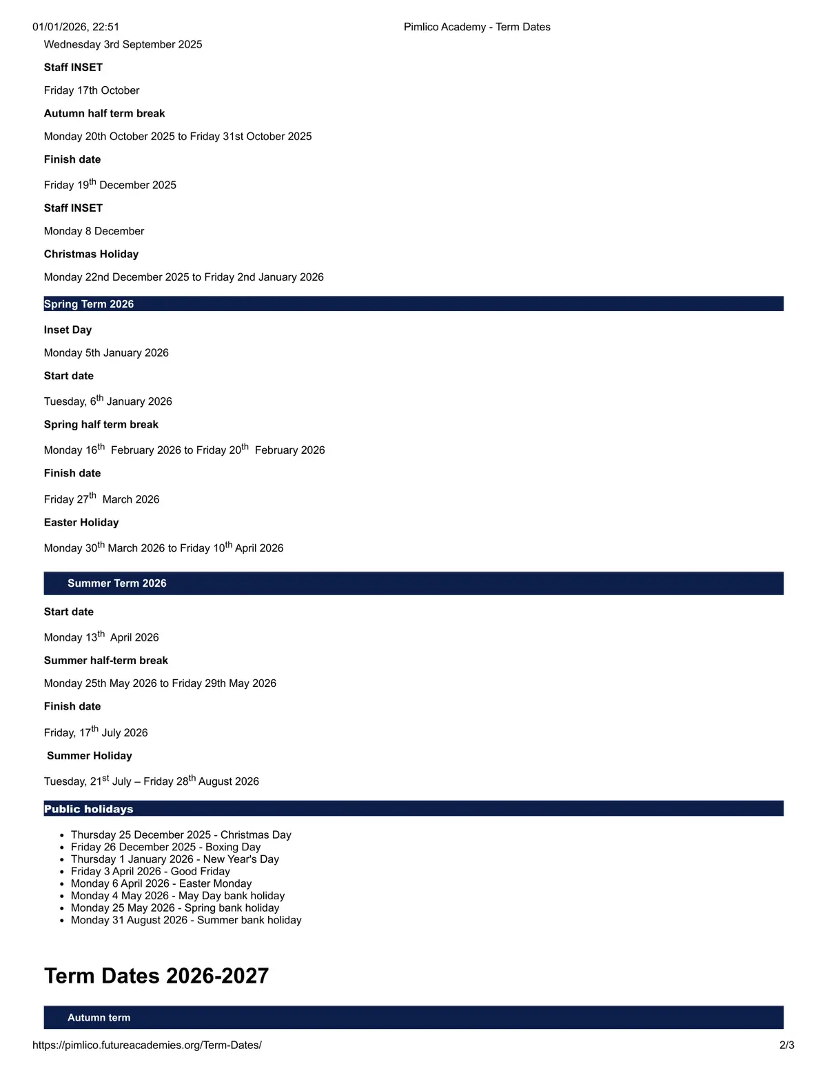 Pimlico Academy term dates