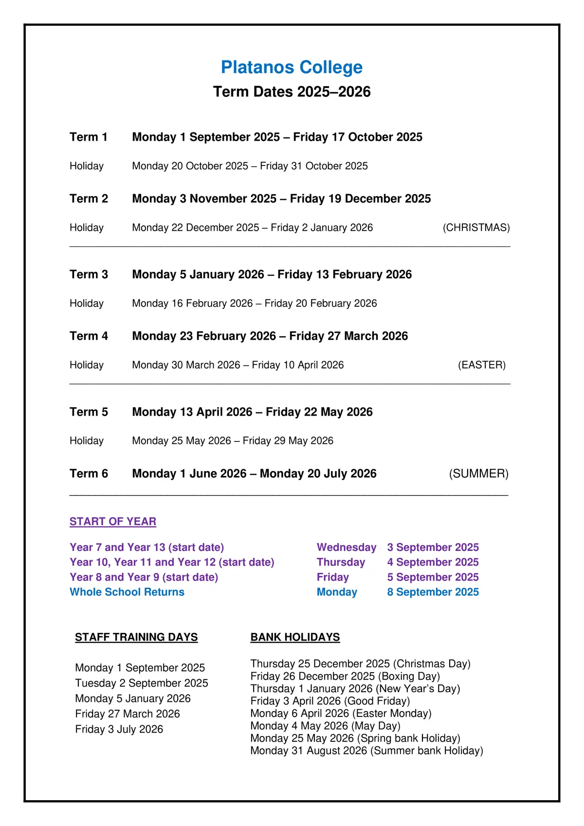 Platanos College term dates