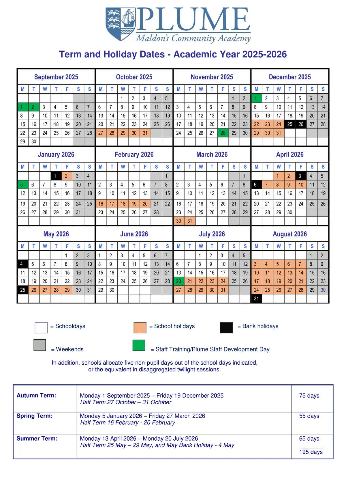 Plume School term dates