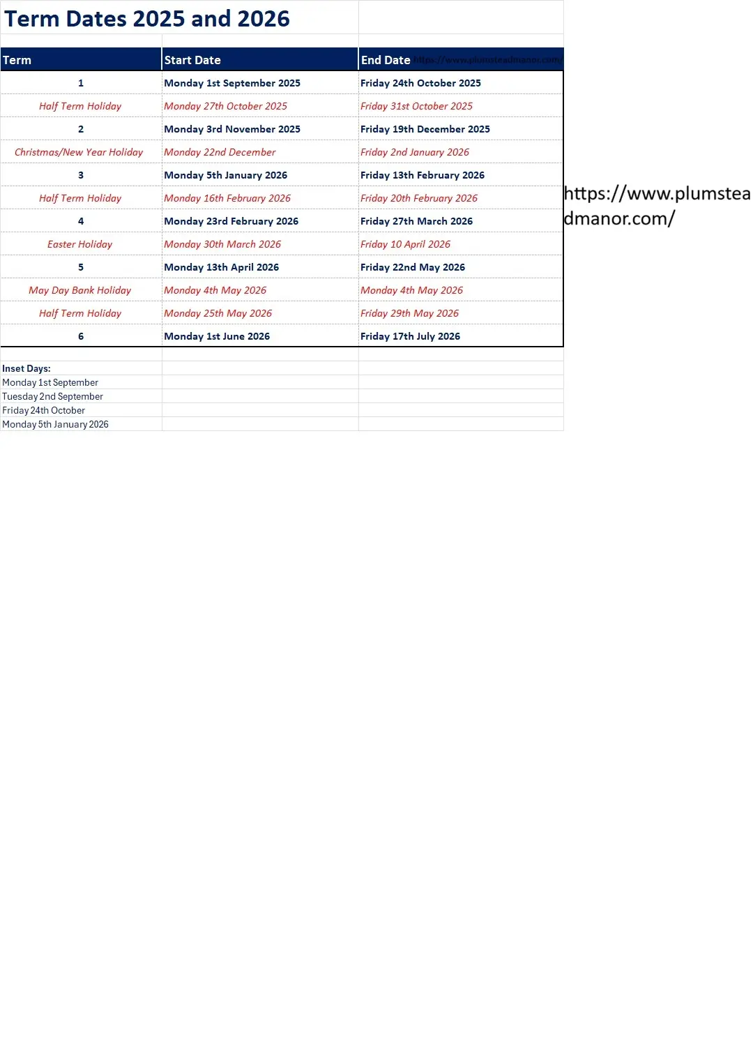 Plumstead Manor School term dates