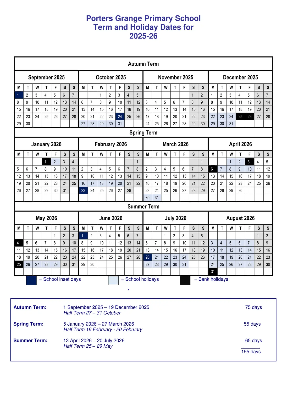 Porters Grange Primary School and Nursery term dates