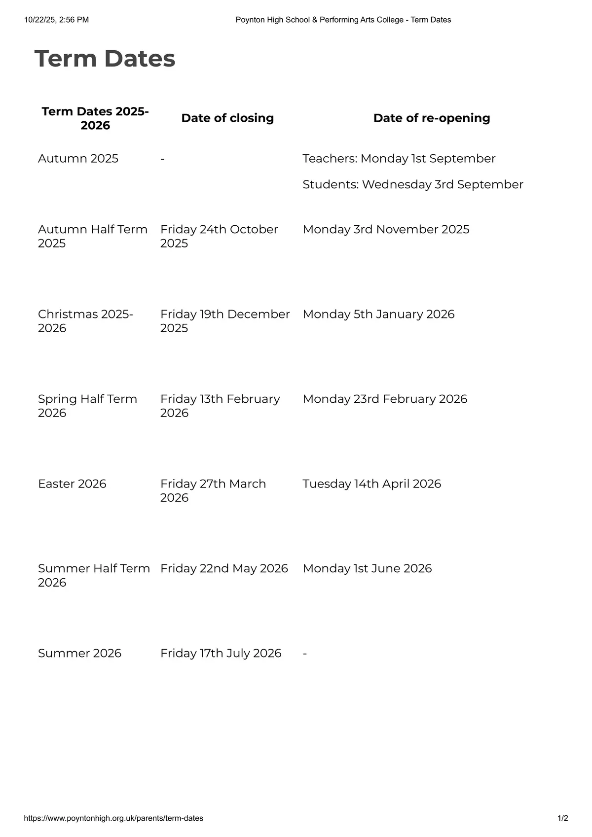 Shirley High School Performing Arts College term dates