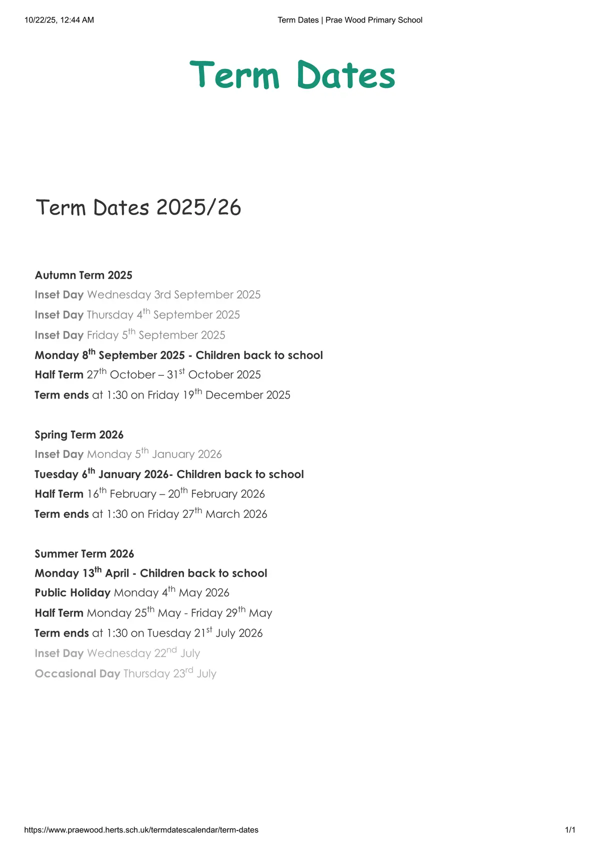 Prae Wood Primary School term dates