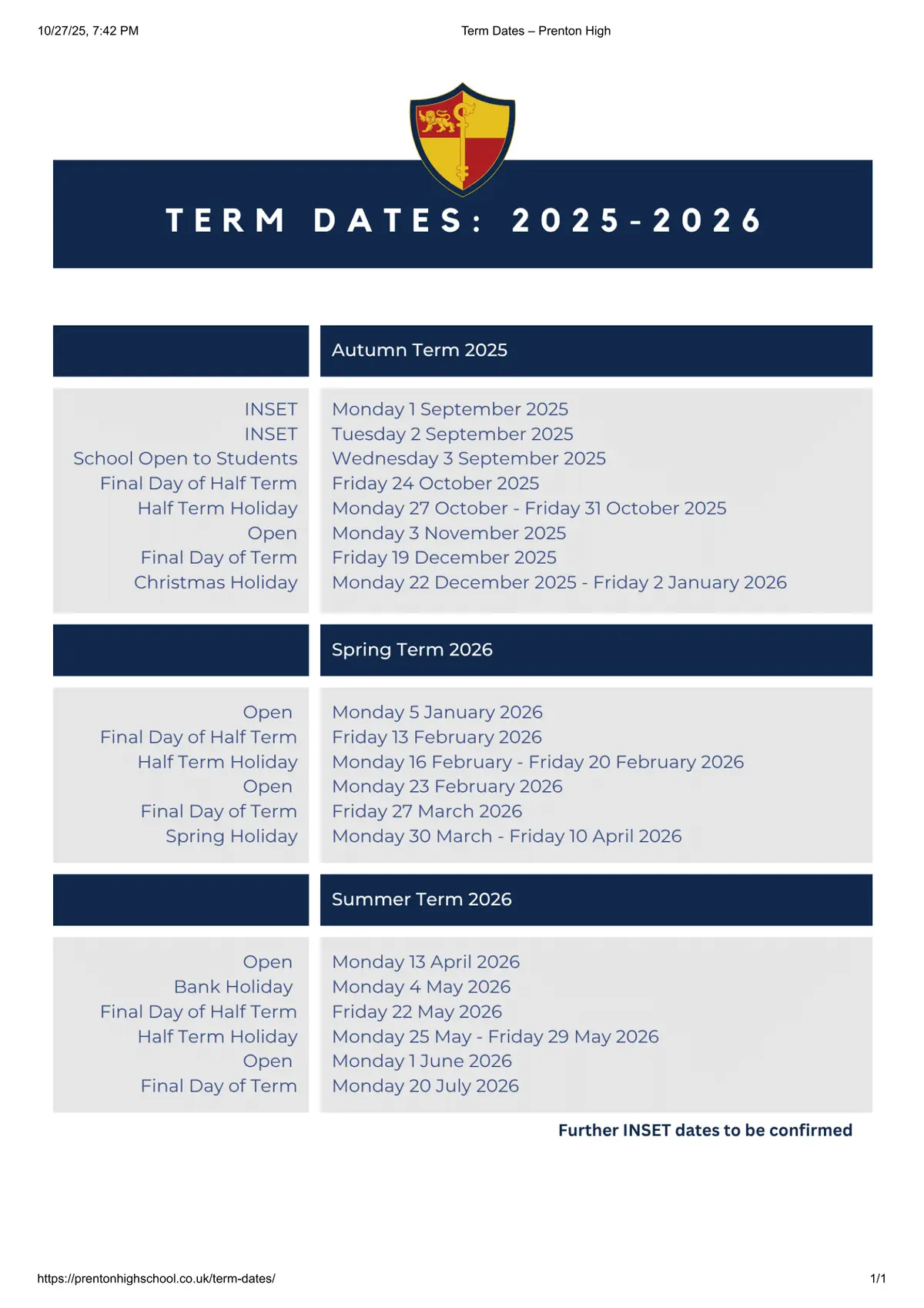 Prenton High School for Girls term dates