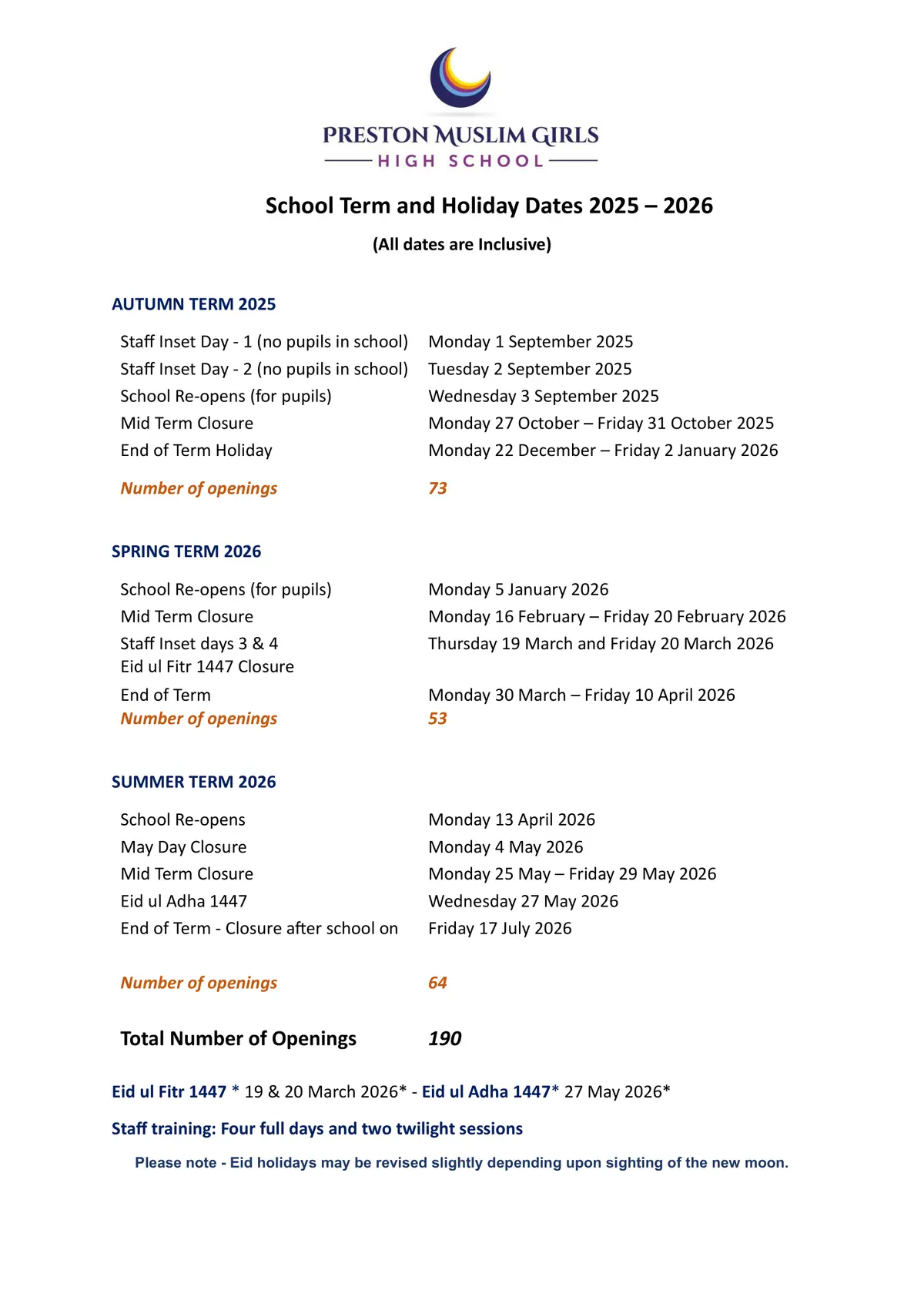Preston Muslim Girls High School term dates