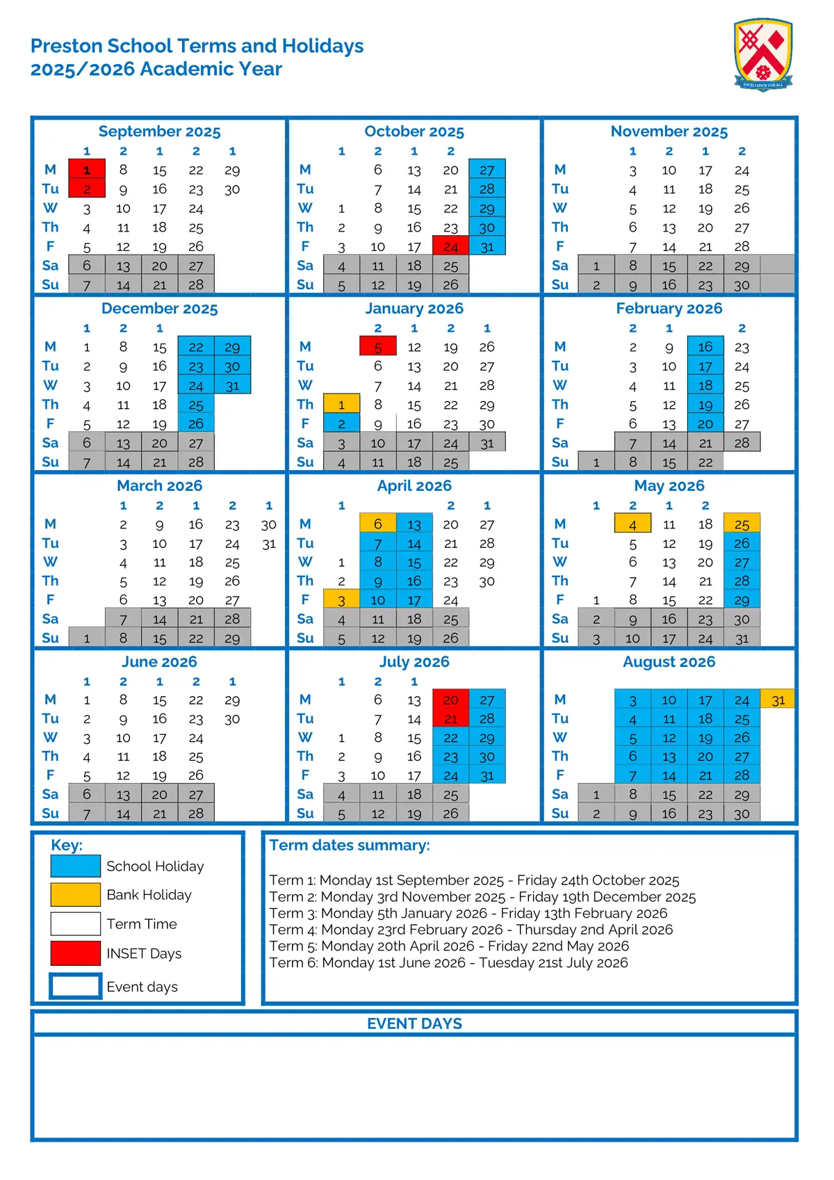 Preston School Academy term dates