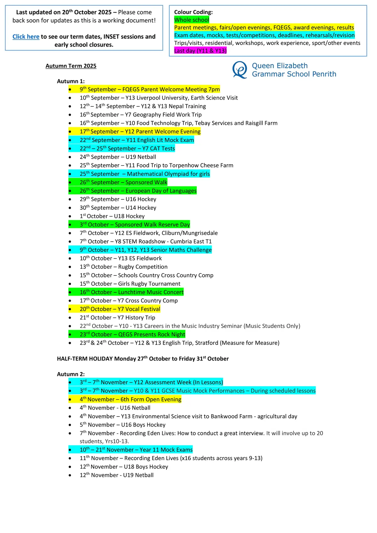 Queen Elizabeth Grammar School Penrith term dates
