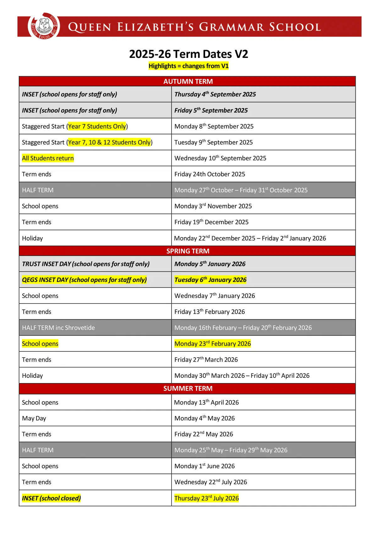 Queen Elizabeth's Grammar School term dates