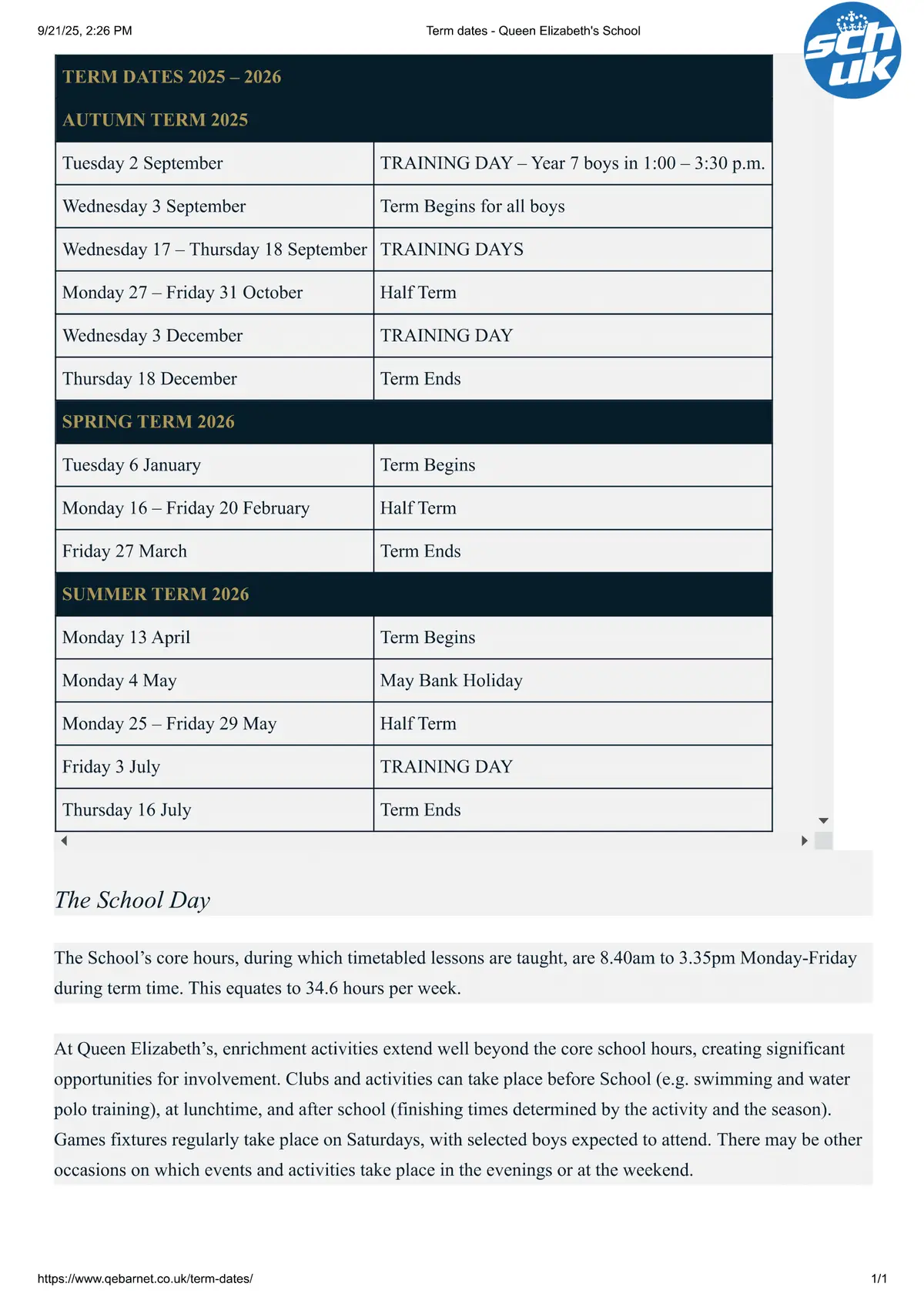 Queen Elizabeth School term dates