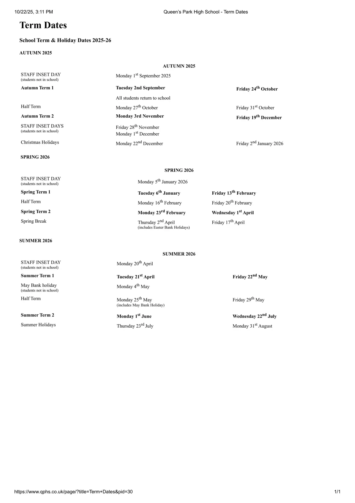 Queen's Park High School term dates