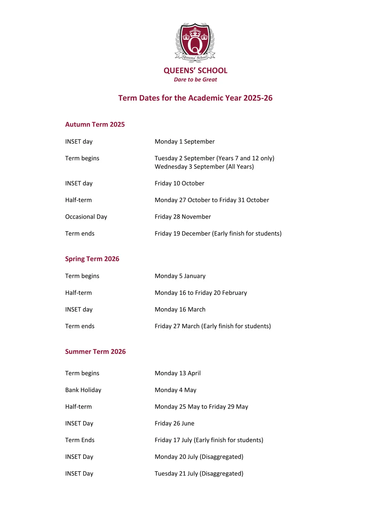 Queens' School term dates