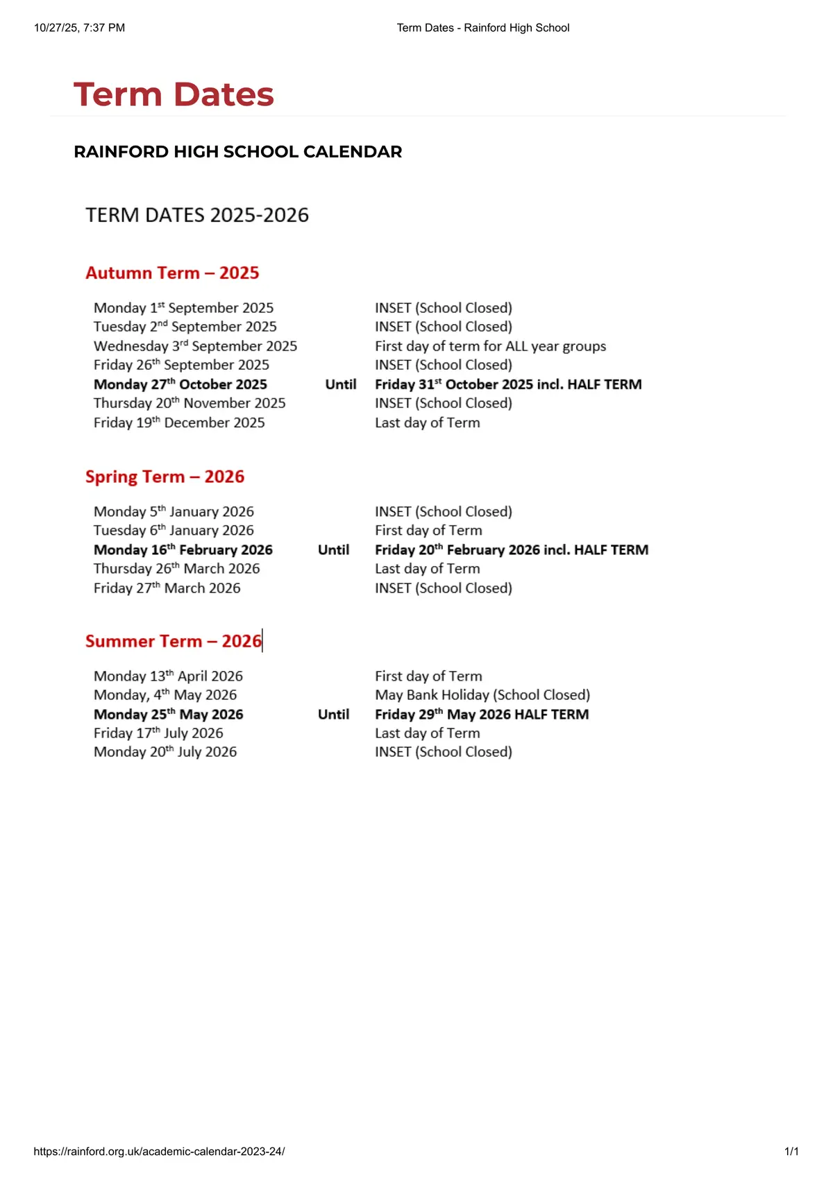 Rainhill High School term dates