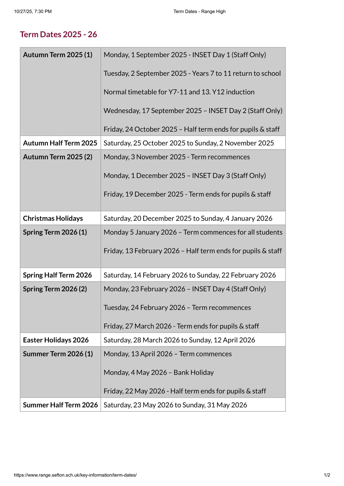 Range High School term dates
