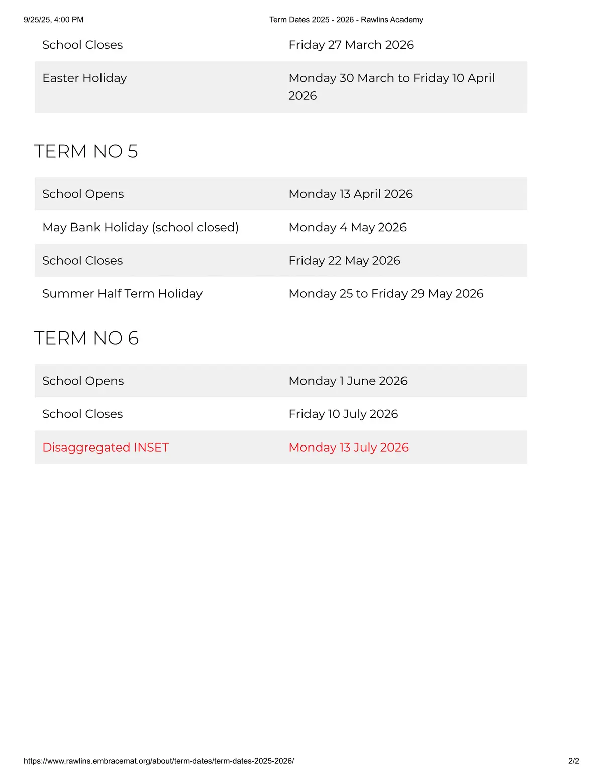 Rawlins term dates