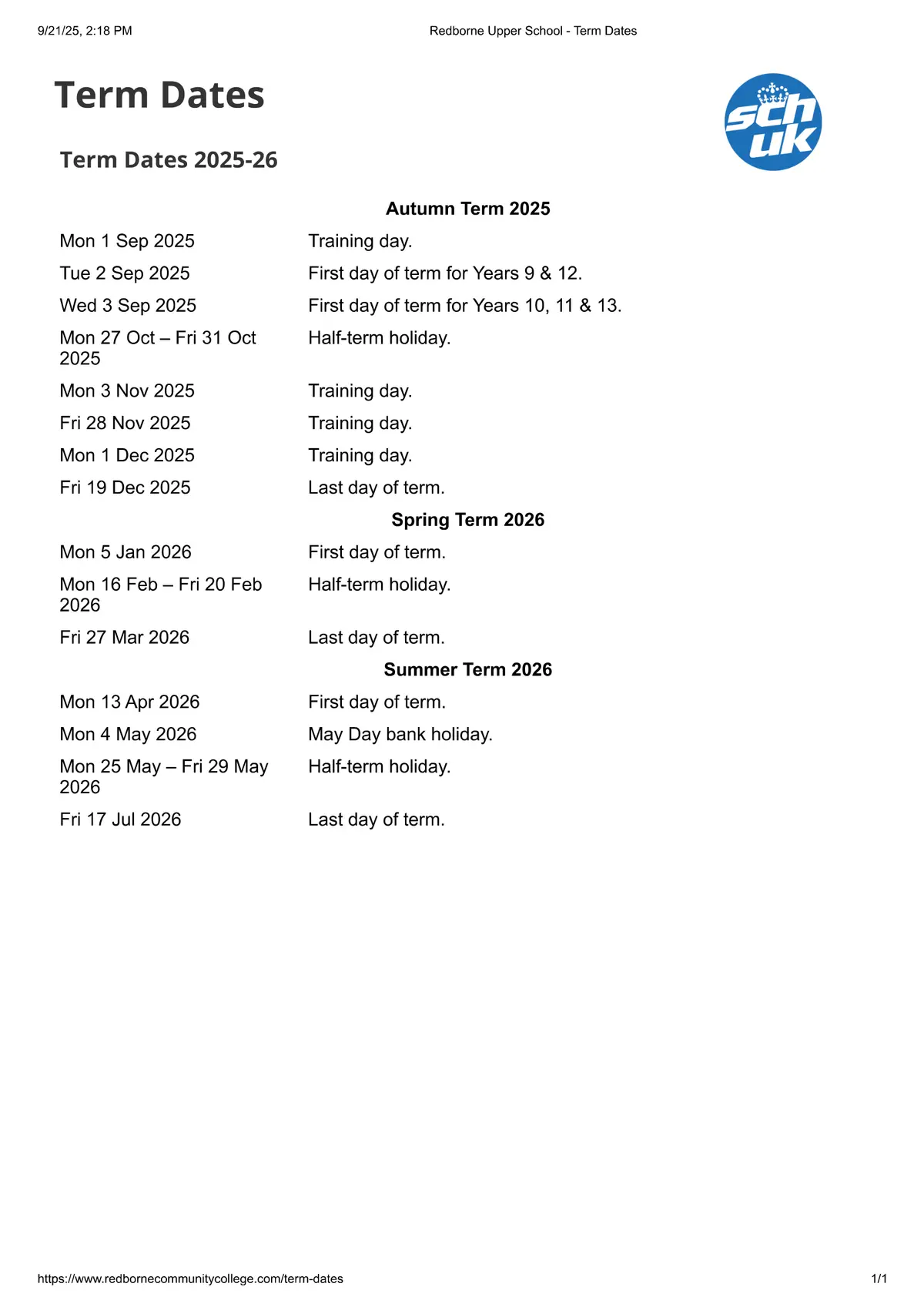 Redborne Upper School and Community College term dates