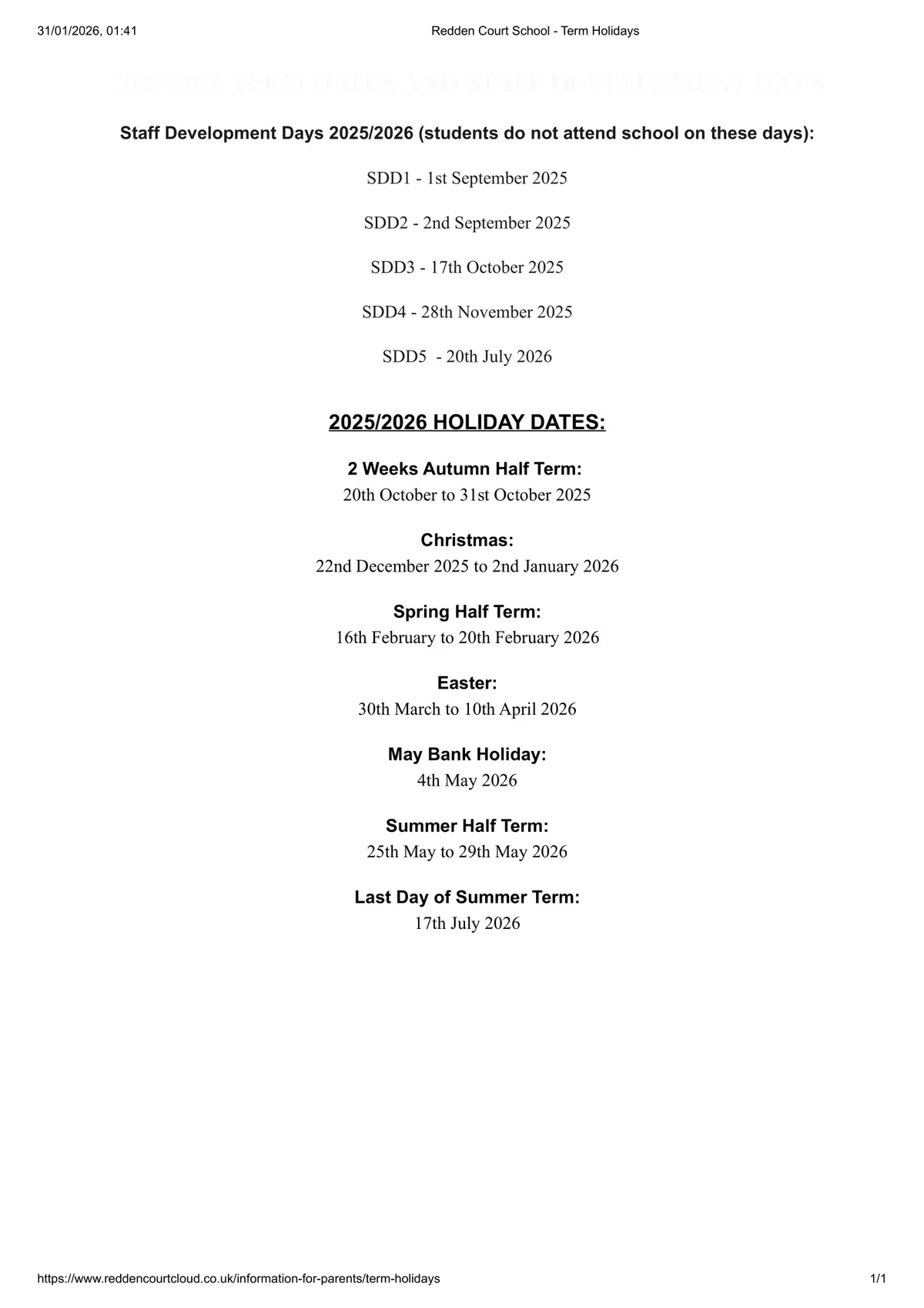 Redden Court School term dates